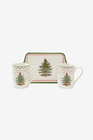 Spode - Setti Christmas Tree Polka Dot, 2 mukia ja 1 tarjotin - Valkoinen - Tarjottimet - - Homeroom