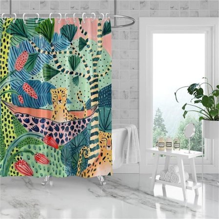 Leopardi & Palmunlehti Suihkuverho | Boheemi Trooppinen Eläinaihe | Moderni Kylpyhuonesuunnittelu Koukuilla