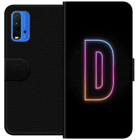 Kompatibel Tegnebogsetui til Xiaomi Xiaomi Redmi Note 9 4G Minimalistisk neonbogstav D i farveskiftende lys mod sort baggrund i moderne digital design