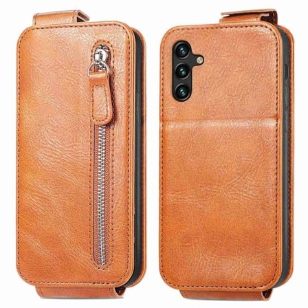 Vertical Flip Phone Suojakotelo With Zipper For Samsung Galaxy M23 / F23 - Ruskea