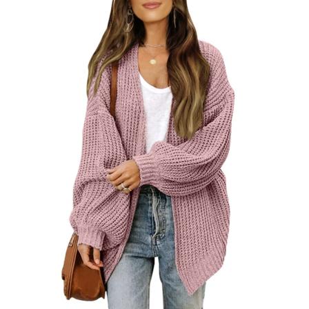 Damtröja höst/vinter ballongärmar Damrock Mode Chunky ullfickor Casual Stickad Cardigan pink XL