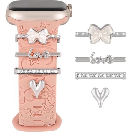 1 Sæt Charms til Apple Watch Remme Kvinder, Dekorative Ringe til iWatch Serie, Ur Silikon Urrem Charms Tilbehør Silver Heart
