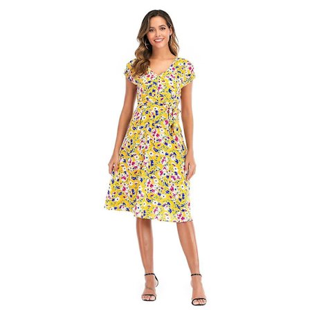 Sommarklänning för damer, liten blommig V-ringning, kortärmad snörning, stor swing strandklänning S-xl