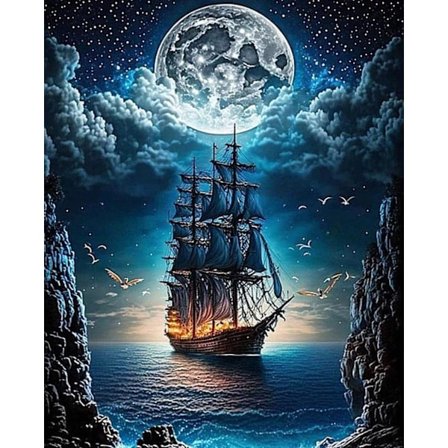 5D Landskab Diamantmaleri Sæt til Voksne Begyndere, DIY Dampskib Måne, Fuld Runde Bor Religiøse Ædelstens Kunst Sæt, Hjem Vægdekoration 30x40 cm