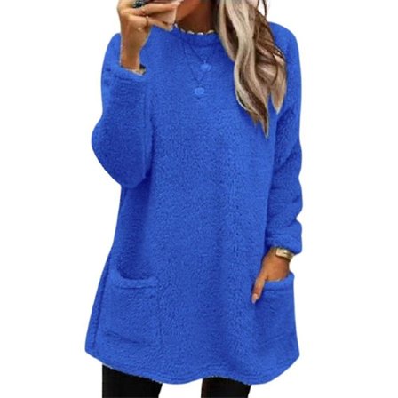 Dam Sweatshirt Långärmad Med 2 Fickor Enfärgad Ytterkläder Vinter Tjock Tröja Enkel Sweatshirt