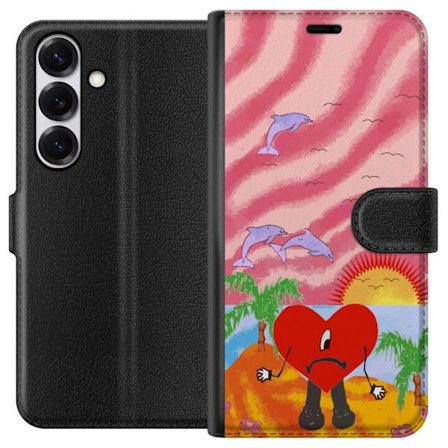 Kompatibel Tegnebogsetui til Samsung Galaxy S25 Bad Bunny i en farverig quiltet jakke med hjertemønster og solbriller i moderne gade stil