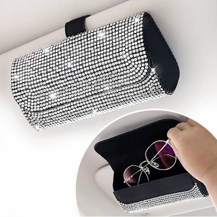 Bling solglasögonhållare för bilens solskydd, glittrande glasögonbilsskyddsklipp förvaringsglasögonorganisationsfodral för lastbil, SUV, husbil (vit)