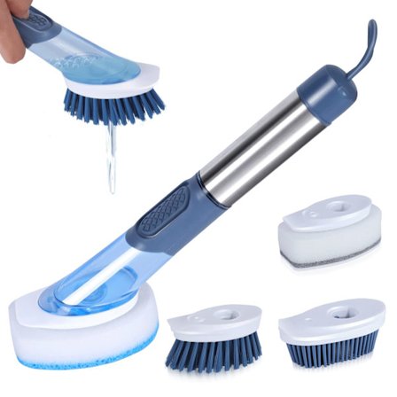 Sæbedispenserende opvaskebørstesæt, køkkenskrubbebørste med sæbedispenser, med 4 udskiftelige skrubbehoveder, opvaskebørster til gryder, pander og 