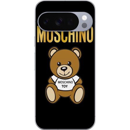 Kompatibelt Mobilskal till Google Google Pixel 10 Pro XL Moschino-inspirerad nallebjörn med text på tröjan, centrerad mot svart bakgrund med tydlig