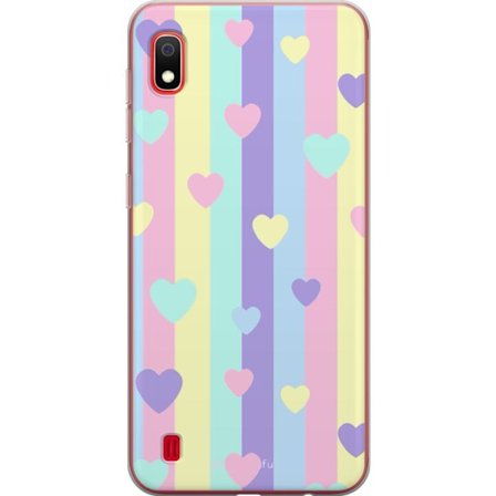 Kompatibel Mobilcover til Samsung Galaxy A10 Pastelstriber i lyserød, gul, lilla og blå med spredte hjerter i blød kawaii-stil.