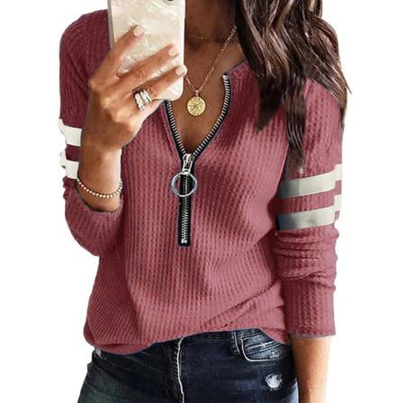 Elegant randig skjorta för kvinnor med dragkedja, snygg V-ringad panel, långa ärmar, Slim Fit T-shirt Casual Top red red M