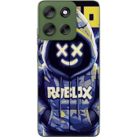 Kompatibelt Mobildeksel til Motorola Motorola Moto G56 Blågul Roblox hettegenserfigur med minimalistisk neonstil og masket ansikt, moderne spillillus