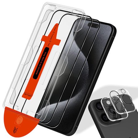 2-PACK iPhone 15 Pro Max Skærmbeskytter & 2-PACK linsebeskytter - Hærdet Glas | [Automatisk Installation] - Boblefri