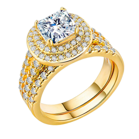 Gyllene Diamant Förlovningsring Set Bandringar Diamant Prinsesslipning Med Zirkonia Bröllop Förlovning Jubileum Löftesringar