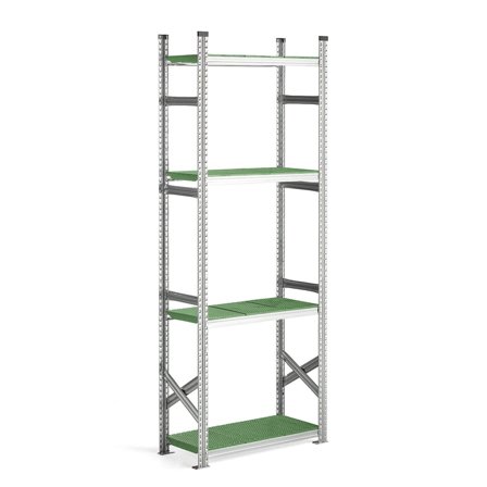 Reol, grunnseksjon med grønne plasthyller, 2500x900x400 mm