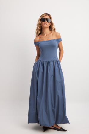 Lydia Tomlinson x NA-KD Midikleid mit Ballonrock - Schulterfreie Kleider - Blau - EU 44