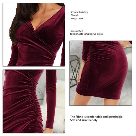 Kvinners høst korte kjole Bodycon Ruched Wrap Hem Lang Ermet V Hals Slim Kjole for Høst Vår Vinrød M