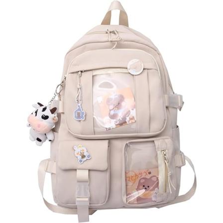 Kawaii-reppu s p ill pinni-lis varusteilla, pehmoinen riipus, Kawaii-koulureppu, s p esteettinen reppu - beige