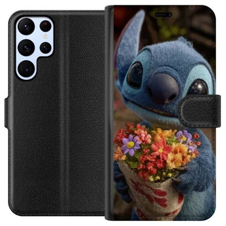 Kompatibelt Plånboksfodral till Samsung Samsung Galaxy S24 Ultra Söt blå figur med stora ögon som håller färgglad blombukett i varm och gullig s