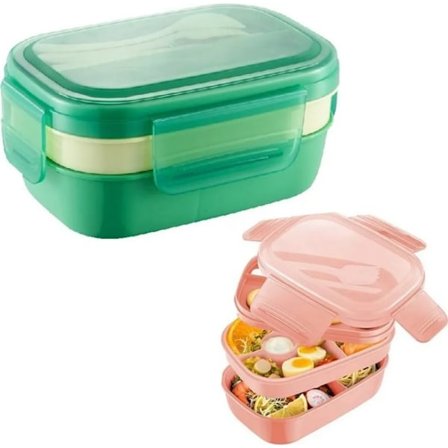 Grön 1900ml 3-Vånings Läcksäker Bento Lunchlåda med Bestick för Vuxna & Barn