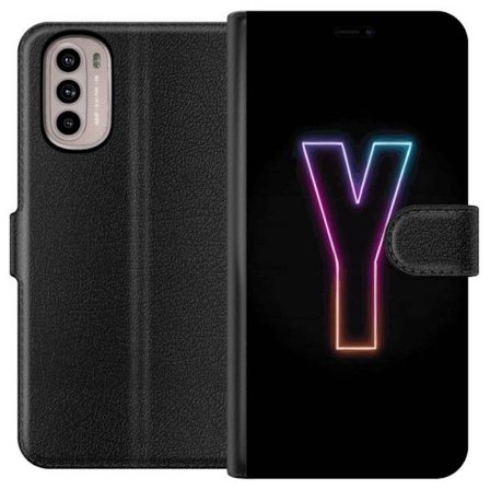 Kompatibelt Plånboksfodral till Motorola Motorola Moto G31 Minimalistisk neonbokstav Y i färgskiftande ljus mot svart bakgrund