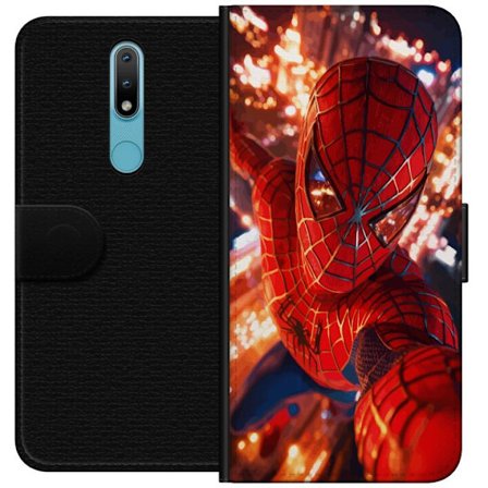 Yhteensopiva Lompakkokotelo Nokia Nokia 2.4 Spider Man intensiivisessä toiminnassa välkkyvien valojen ja dynaamisen perspektiivin kera elokuvamaises