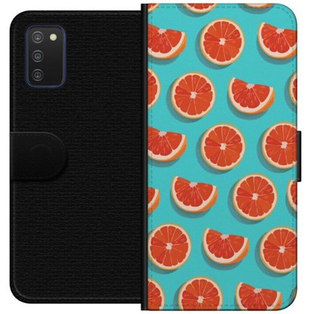 Kompatibelt Lommeboketui til Samsung Galaxy A03s Illustrert mønster med gjentatte grapefrukt skiver mot en turkis bakgrunn
