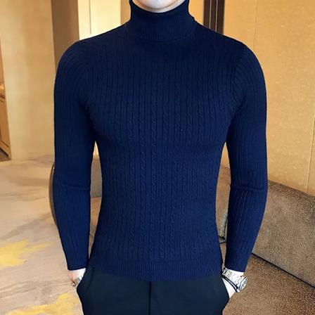 2023 Koreansk Slim Solid Farve Turtleneck Trøje Mænd Vinter Langærmet Varm Strik Klassisk Solid Casual Bundtrøje Skjorte Dark blue Asian Size 5XL