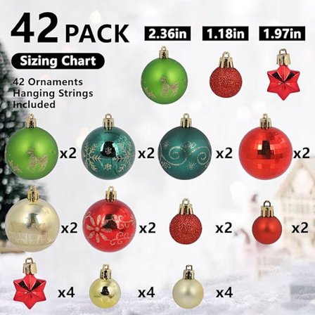 44 stk. farverige julekuglepynt sæt, flerfarvet julepynt rød grøn guld brudsikker juletræskugledekoration, plastik