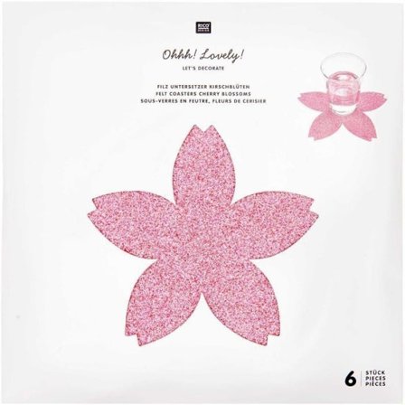 6 glitter-kirsebærblomsterunderlag, i filt, 19 x 19 cm