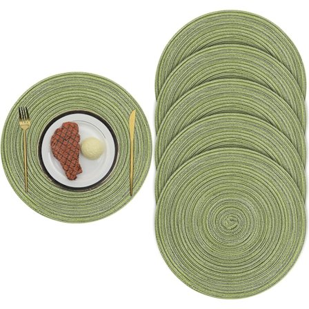38 cm/15 tum vävda runda 6 delar bordstabletter Värmeisolerande halkfri flätad bomull Matbordsmattor Tvättbara bordsunderlägg (grön)