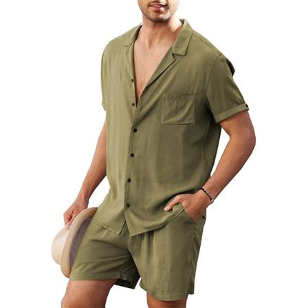 Herrskjorta Elastisk Midja Set 2 Delar Casual Lös Sommarlov Army Green L