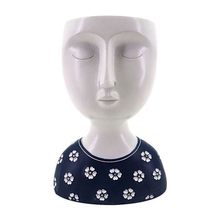 Sininen polyresiiniruukku, 15x10x19.4cm, valkoinen kukkakuvio