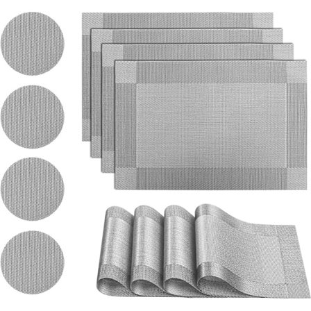Sæt med 4 PVC vinyl-dækkeservietter, varmebestandige, skridsikre, vævede, vaskbare, til køkken- og spisebord, 45 x 30 cm (sølvgrå)
