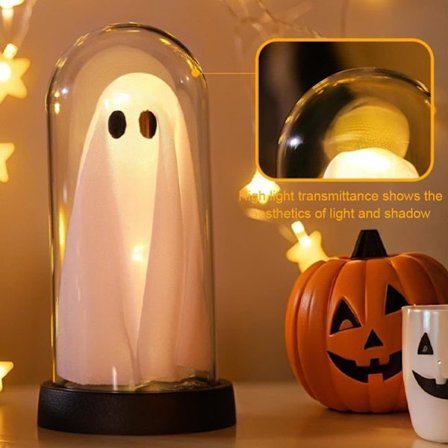 Halloween Dekoration – Lysende Spøgelse i Glasklokke til Hjem, Bord og Festlig Stemning_OF