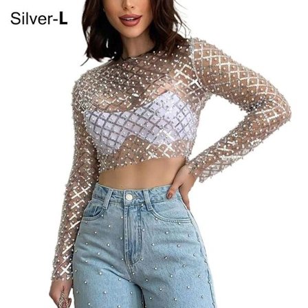 Sexy Crop Topper for kvinner Mesh Pearl Topper SILVER L L