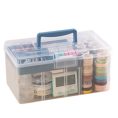 Klar & Ocean Blue Plast Organizerboks, Stor med Aftagelig Bakke, Partition & Håndtag til Papirvarer, Medicin