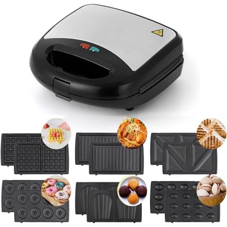 6-in-1 Vohveli-, Grilli- ja Laitosleipäkone, Vohvelirautasetti, Mini Vohvelikone Irrotettavalla Levyllä, Kotidonitsileipuri, Helppo Puhdistaa, 750w (