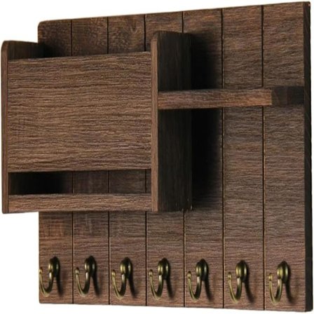 Nøkkelholder og postholder i tre med 6 kroker, moderne veggorganisator for oppbevaring av brev, magasiner og andre gjenstander.