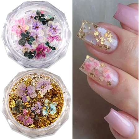Tørkede Blomster for Negler - 3D Neglekunst Tørkede Blomster Negleklistremerke Japansk Gradient Tørket Blomster Gullfolie Blandet Naturlig Ekte Tørket