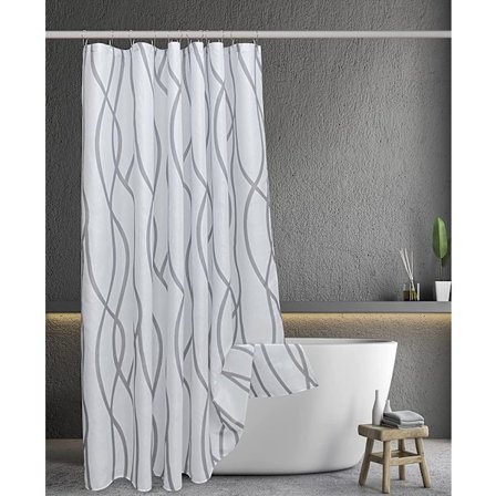 Ekstra langt tekstureret stofbadeforhæng 72 tommer bredt x 84 tommer langt, maskinvaskbare sølvgrå trykte badeforhæng