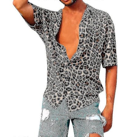 Herr Baggy Strand Leopardtryck Kortärmad Knapp Retro T-shirts Toppar Blus
