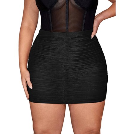 HAUFR Naisten Plus Size Solid Mesh Ruched Bodycon Stretch Mini lyhyt hame