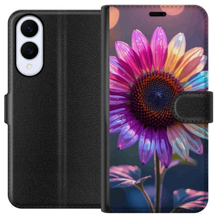 Yhteensopiva Lompakkokotelo Samsung Galaxy S25 Edge Iridescerende kukka, jossa kimaltelevat terälehdet vaaleanpunaisessa, violetissa ja kultaisessa s