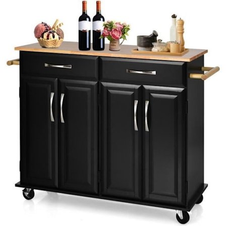 COSTWAY Køkkenvogn på hjul - 2 skuffer, 2 dobbeltdørsskabe, justerbare hylder - Kitchen Island Trolley - Sort
