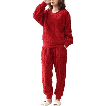 HAUFR Dame Fluffy Fleece Pyjamas Set 2 deler Varm Fleece Pyjamas Set Myke nattklær Langærmede Crewneck lommer Bukser Y