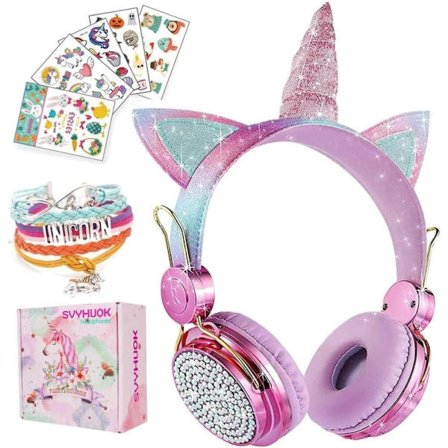 Unicorn Kids Bluetooth-hörlurar för flickor, trådlösa hörlurar med mikrofon för tonåringar, säker volymbegränsad 85db POM Kattöra Over-Ear Headset HD