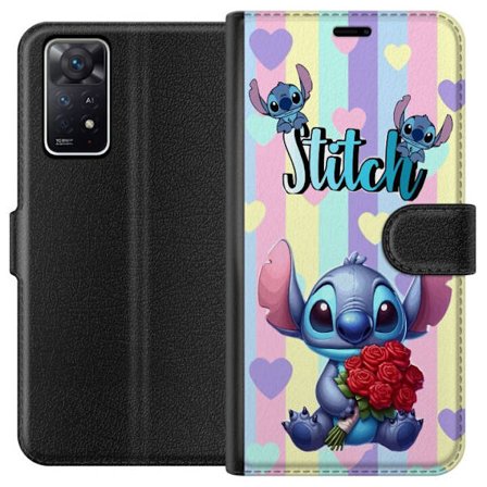 Kompatibelt Lommeboketui til Xiaomi Redmi Note 11 Pro 5G Romantisk illustrasjon av Stitch som holder røde roser mot stripet bakgrunn
