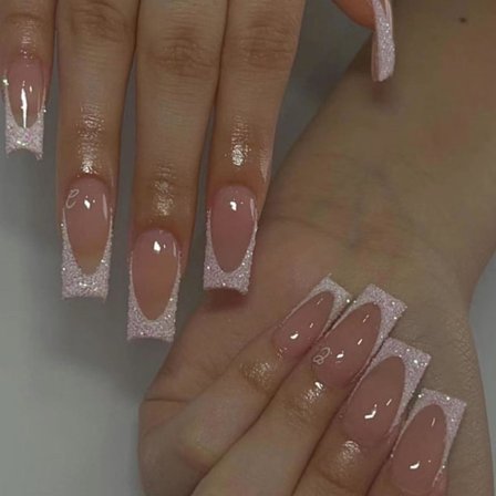 Skinnende firkantede press-on negler, skinnende falske negler, franske tupper, full dekning, medium rosa falske negler for kvinner og jenter, 24 stk