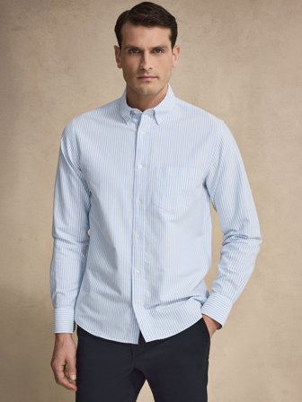 John Henric Men's Blue & White Cotton Striped Casual Fit Oxford Shirt Size S